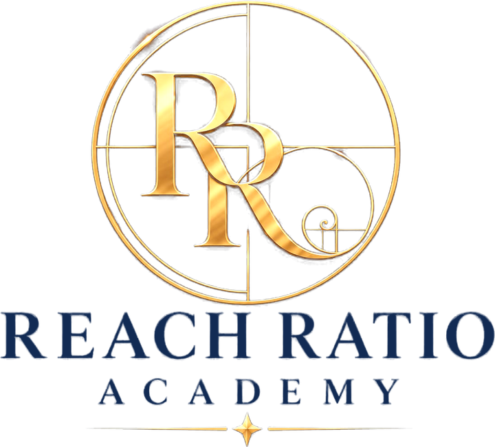 Reach Ratio Academy logo, a gold RR monogram within a golden ratio spiral
